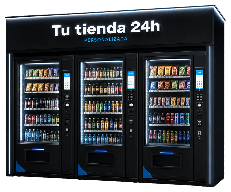 Loja 24 h completa da 1Self: tres maquinas abastecidas sob um letreiro